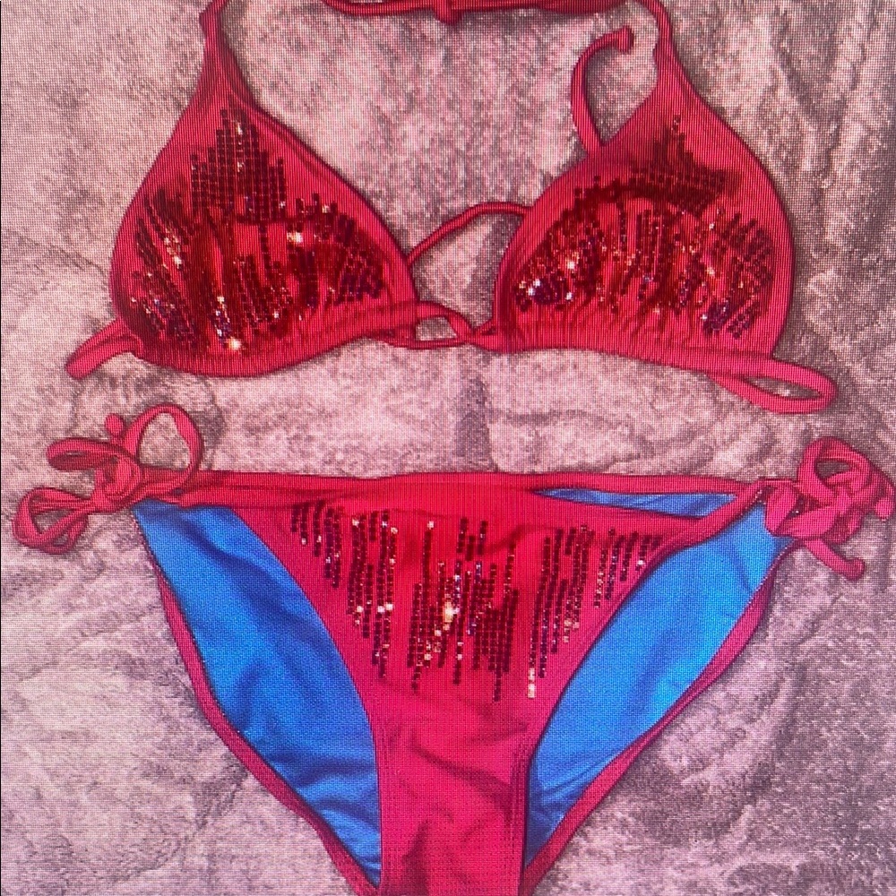 Red and Blue Sequin Bikini Set